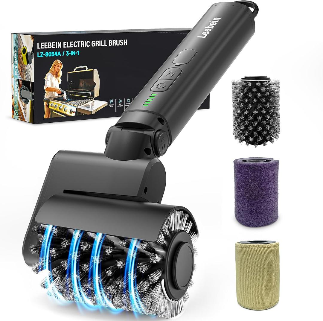 Leebein Electric Grill Brush for Outdoor, 2026 TikTok BBQ Grill Cleaner with 3 Heads, 3-Speed & Angle Adjust Cordless Rotary Grill Brush, 150Mins Runtime Grill Cleaning Brush for Barbecue Grates