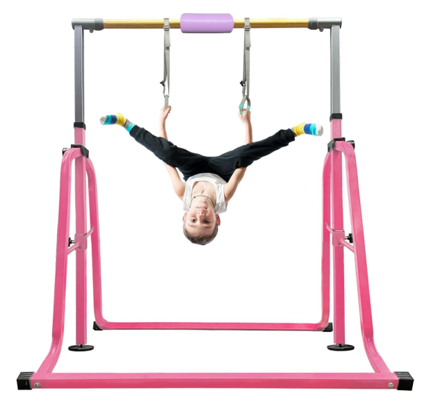 kechery Foldable Gymnastics Bar with Mat, Rings and Bar Pad for Junior Kids, 3'-8' Adjustable Height and Expandable Gymnastics Horizontal Bar Indoor Equipment for Kid's Training at Home.