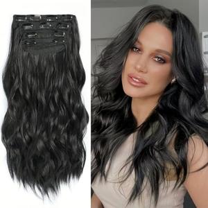 Natural Black Clip in Hair Extensions for Women, Long Wavy Synthetic Hair Naturaliy Soft Thick Hairpieces for Wedding, Curly Hair Extensions Clip ins(20Inch, 3Pcs)