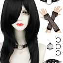 Half and Half Emo Costume Scene Wig Set Black Cosplay Anime Wig with Side Part Bangs 21.6'' Synthetic Hair for Women Halloween Party