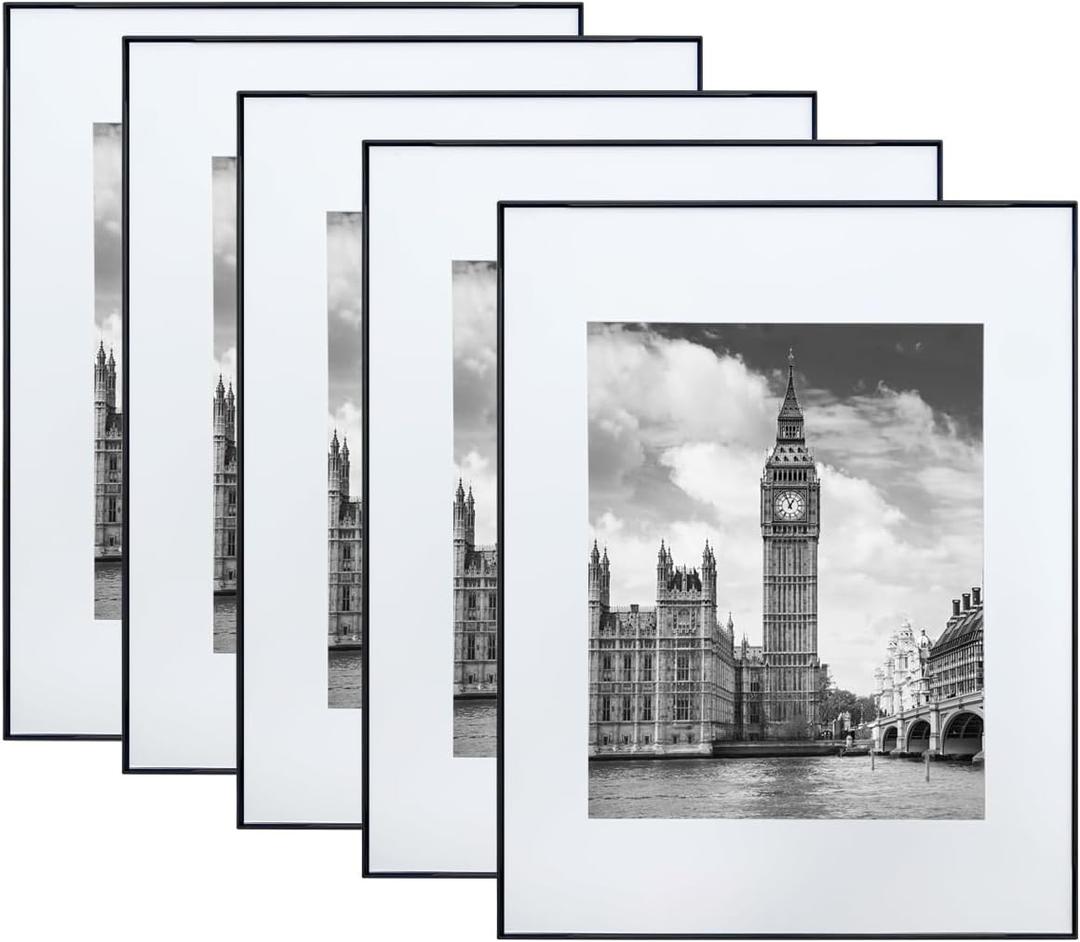 GOmaize Front Loading Black Picture Frame Set of 5, Display pictures 8x10 with mat or 11x14 without mat,Wall and Table Mounting