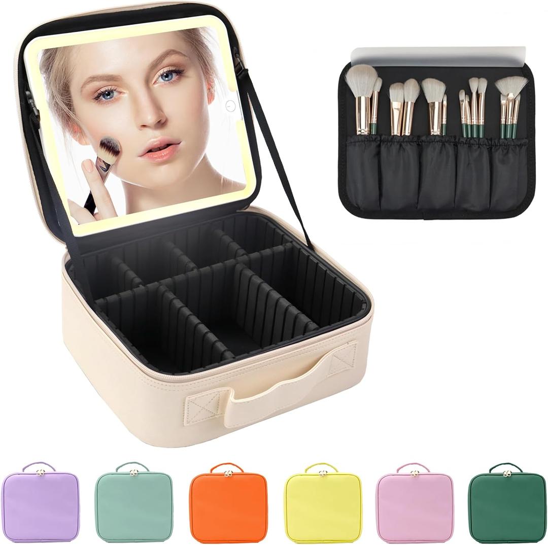 Travel Makeup Bag with LED Lighted Mirror, Travel Makeup Organizer,3 Color Setting Cosmetic Makeup Box, Adjustable Dividers and Brush Holderwhite