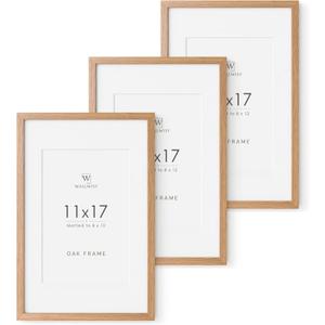 11x17 Oak Picture Frame, Solid Oak 11x17 Poster Frame with Mat to 8x12(Openning Size is 7.5x11.5), Natural Wood 17x11 Frames for Wall, Set of 3