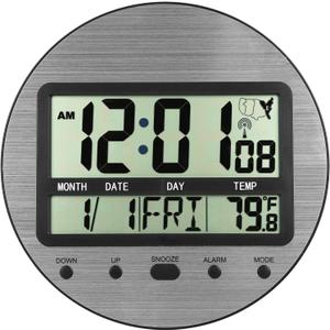Atomic Digital Wall Clock Battery Operated, Self-Setting, Large Display with Temperature, Date, Day of The Week, Seconds, Round Wall Mount Digital Clock - 4 Time Zones, DST, Aluminum Metal Dial