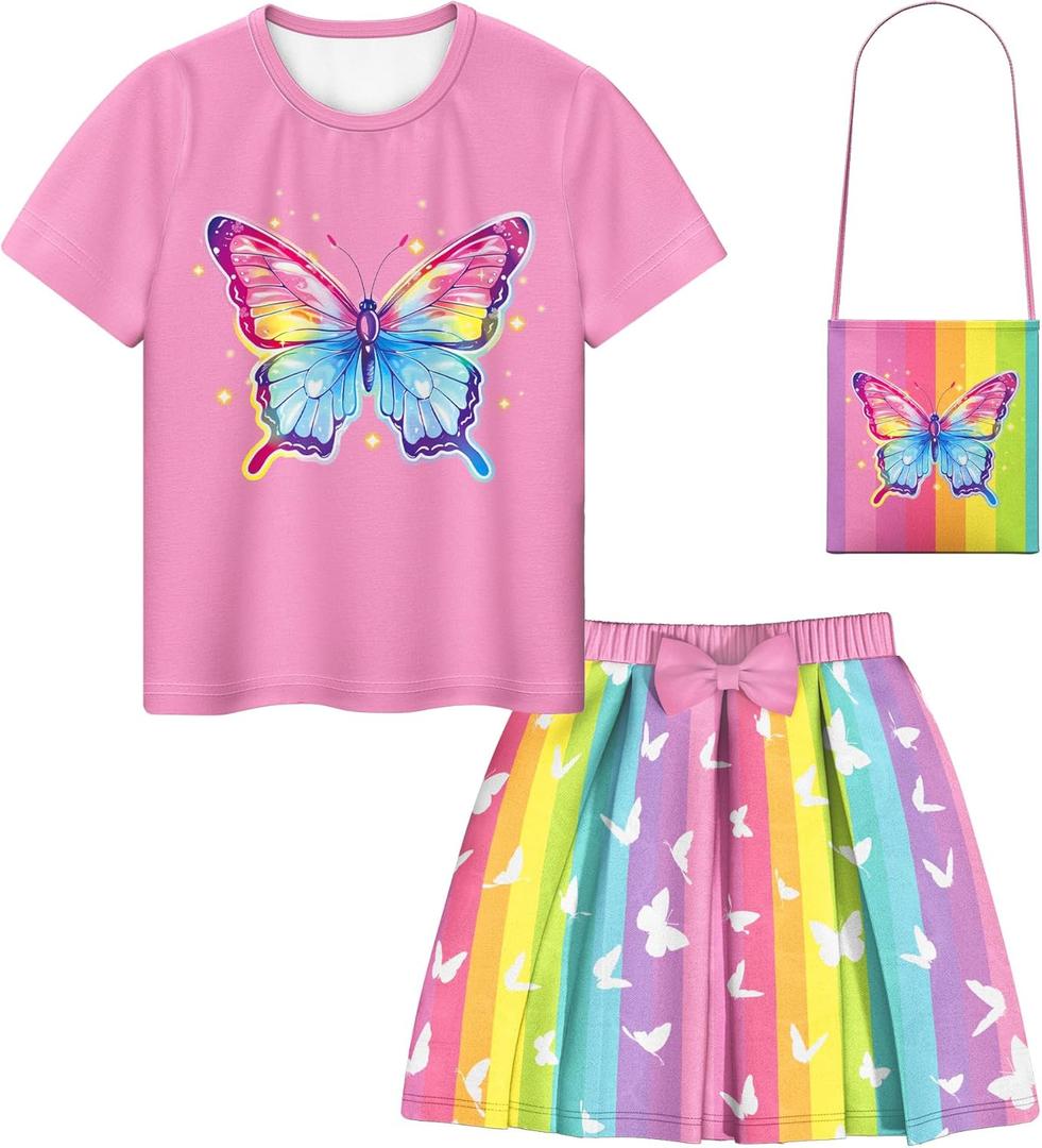 LQSZ Girls Outfit Summer Party Dress T-Shirt Skirts With Bag 3-Piece Set Back to School TuTu for Toddler Kids 4-12Years (Pink)