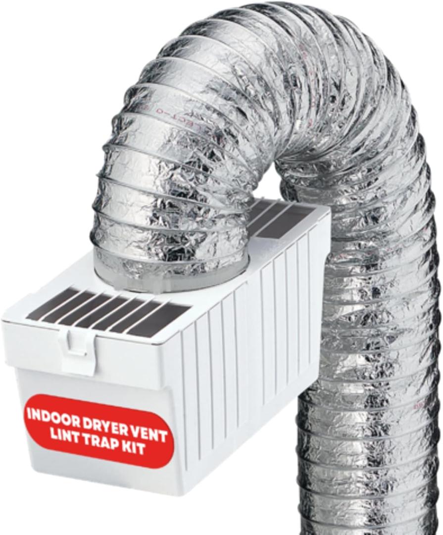 Deflecto LTF Indoor Dryer Vent Lint Trap Kit  Energy-Efficient Venting Solution with Supurr-Flex Flexible Duct, Plastic Lint Reservoir and Secure Clamps for Electric Dryers |Pack of 1 - White/Silver