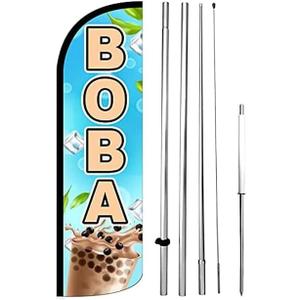 4 Less Co Boba Drinks Windless Feather Swooper Flag Banner Sign 15 Ft Tall Large Pole Kit bq-h
