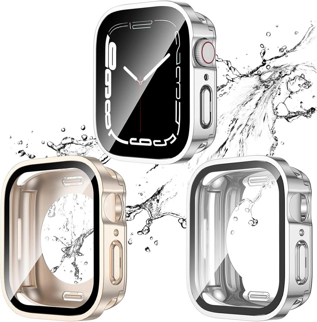 2 Pack 2 in 1 Waterproof Case for Apple watch Series 9 8 7 41mm, Straight Edge PC Front & Back Bumper with Tempered Glass Screen Protector 360 Protective Cover for iWatch (41mm, Starlight/Silver)