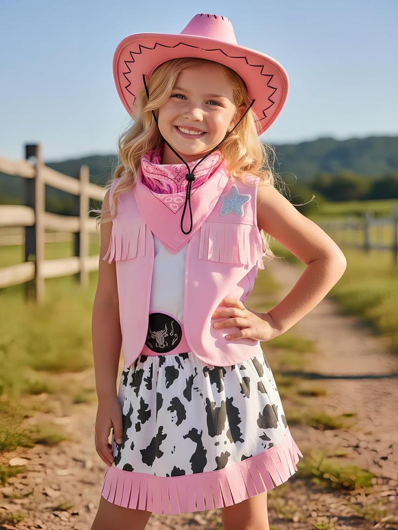 Cowgirl Costume for Girls Toddler Western Outfit with Hat and Bandanna (7-8 Years)
