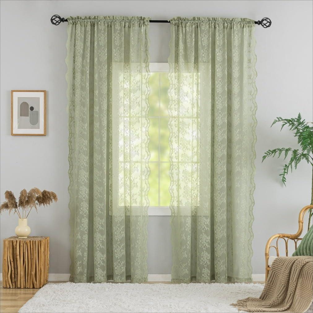 Sage Green Curtains 84 Inch Length 2 Panels Set Vintage Floral Lace Sheer Voile Window Curtains/Drapes for Bedroom Living Room Kitchen Hallway Rod Pocket Spring Summer Boho Decor 52Wx84L Sage Green