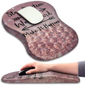 Mouse Pad Wrist Support, Ergonomic Mouse Pad with Massage Dot, Comfortable Computer Mouse Pad for Laptop, Wrist Rest Pain Relief Mousepad with Non-Slip PU Base for Office & Home, 12 x 8 in (02-Rose Gold Glitter Stay Postive)