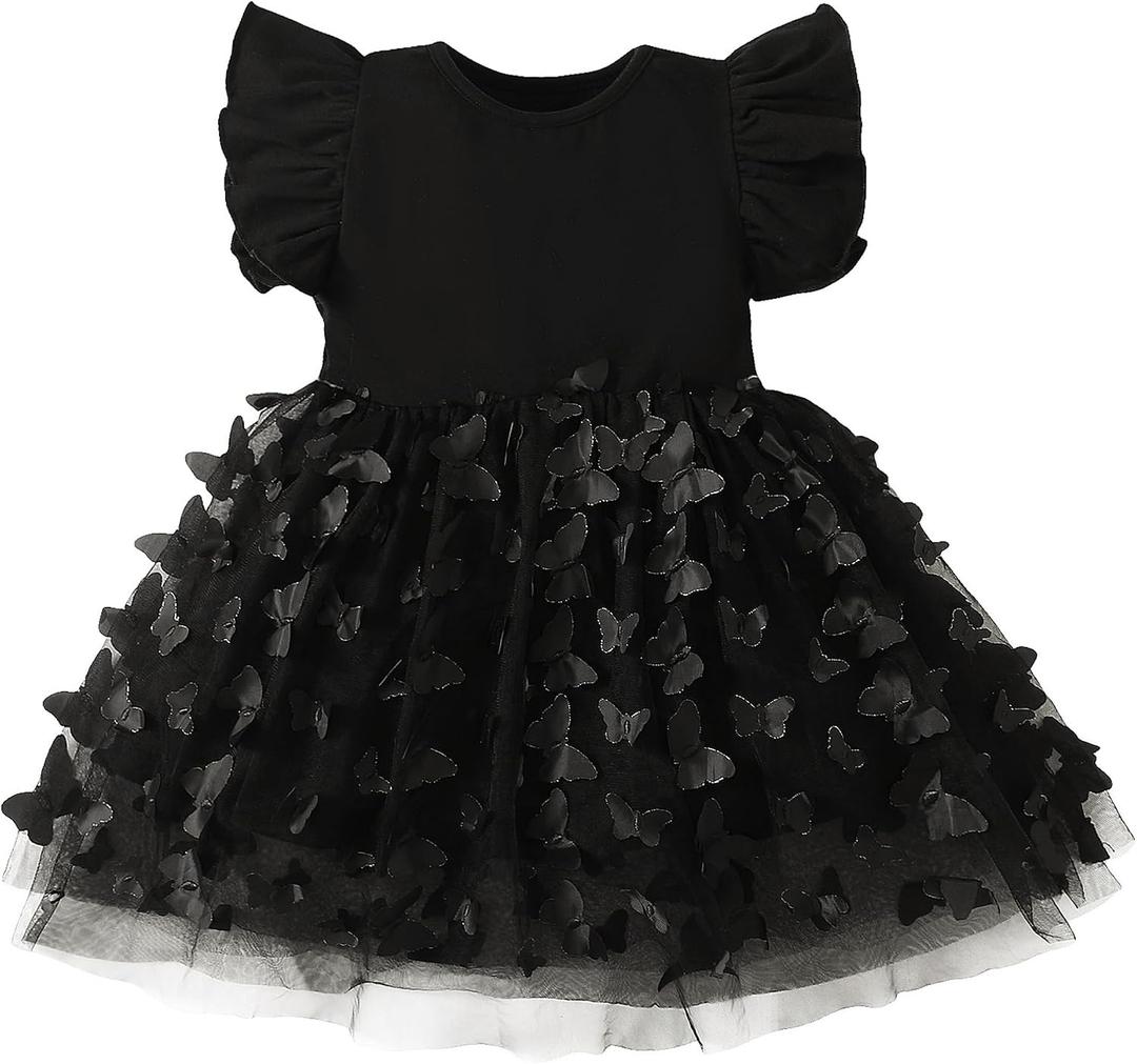 Baby Girl Butterfly Dress Tutu Ruffle Sleeveless Dresses Photograph Party Outfits Birthday Gift (Black)