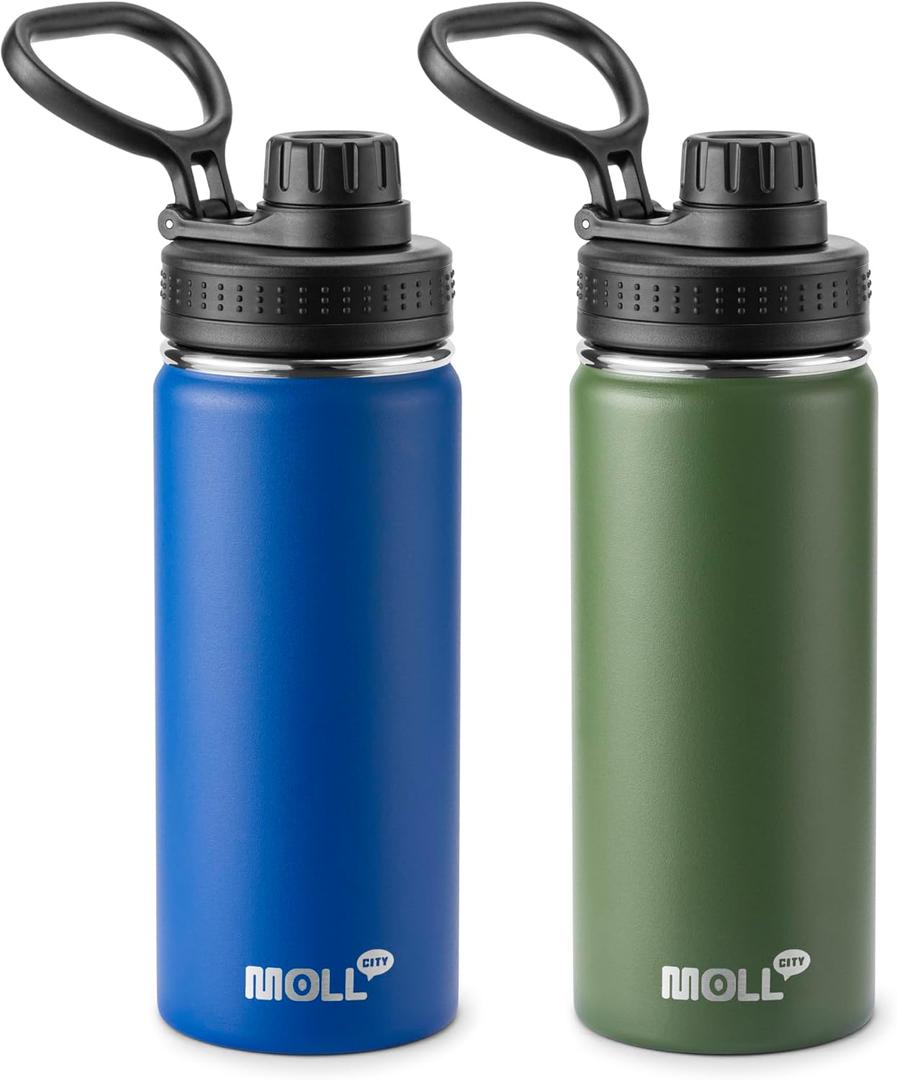 Insulated Water Bottle 2 Pack-16 oz Stainless Steel Vacuum Sports Water Bottle Wide Mouth Flask with Leakproof Spout Lid (Navy-Grass Green)