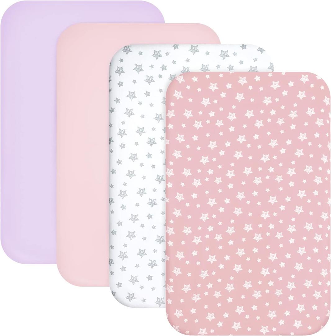 Mini Crib Sheets Fitted 4 Pack for Girls (38" X 24"), Compatible with Dream on Me, Delta Porta Crib and Arms Reach Ideal Cosleeper, Pink