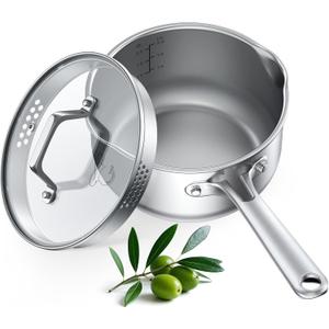 PekGema Stainless Steel Saucepan 2.5 Quart with Glass Strainer Lid, Tri-Ply Construction, Dual Pour Spouts, Measurement Marks, Stay-Cool Handle, Dishwasher & Oven Safe, All Cooktops Compatible