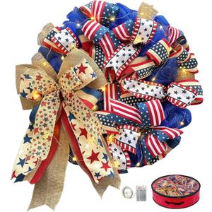 250th Anniversary Patriotic Wreaths for Front Door, 24 Inch Large 4th of July Decorations, Handcrafted Ribbon Burlap Bow, Red White and Blue Memorial Day Wreath with Lights & Storage Bag