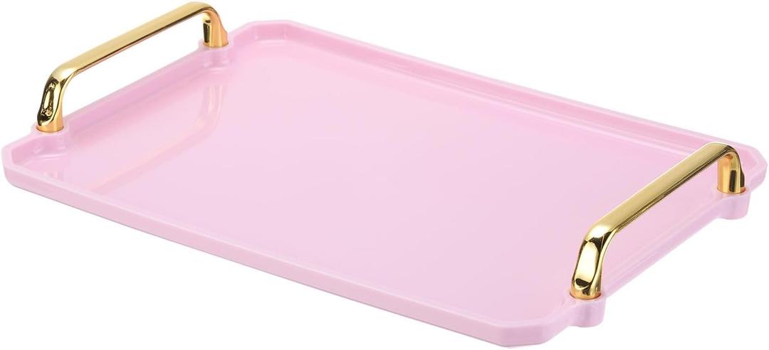 PATIKIL 12 x 8.6 Inches Plastic Serving Tray with Golden Handles, Reusable Tray Rectangular Party Platters for Dessert Coffee Tea Table, Living Room Kitchen Countertop, Pink