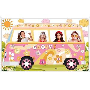 Hippie Bus Photo Prop Groovy Birthday Party Decorations Large Fabric Groovy Van Prop Hippie Selfie Frame Backdrop Background Banner Birthday Supplies Retro Daisy 60s 70s Party Favors 65.8 x 35.4 Inch
