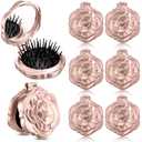 6 Pcs Rose Travel Brush for Women Mother's Day Mini Compact Purse Hair Brush with Mirror Wedding Bridal Bachelorette Favors Portable Pocket Mirror Folding Comb for Hairstyle(Rose Gold)