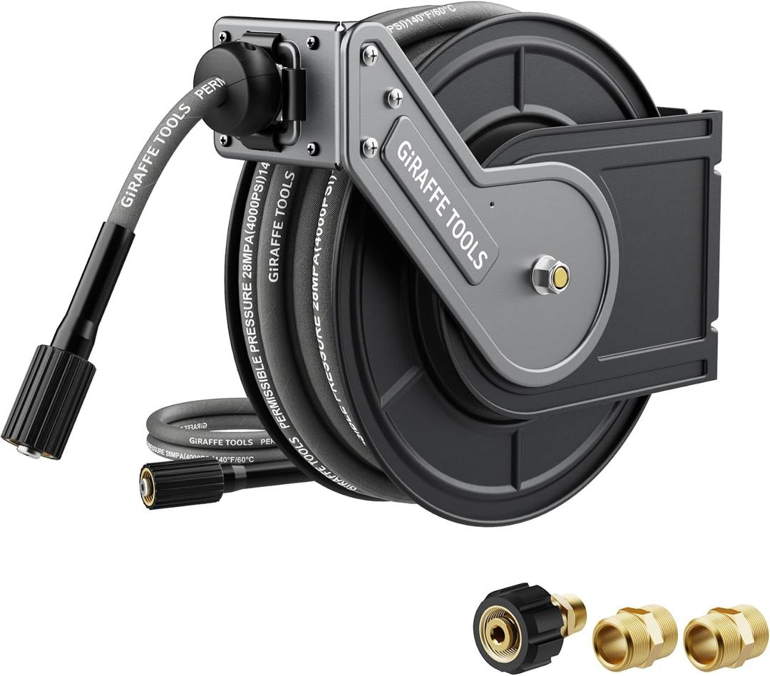 Giraffe Tools Pressure Washer Hose Reel 60ft, 1/4" Power Washer Hose Reel, Automatic Rewind, Wall Mounted, 4000 PSI