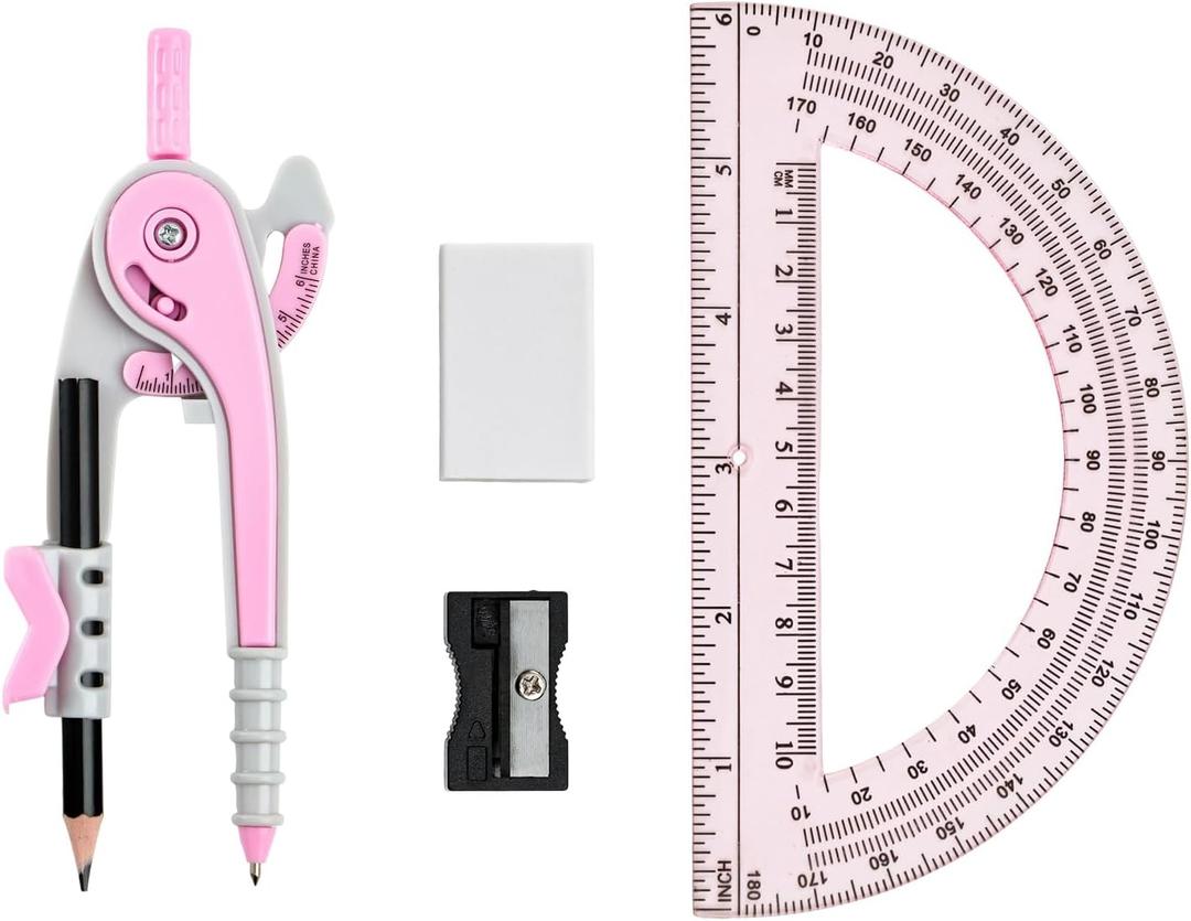 4 x Unjoo Compass for Geometry Set, 6 Inch Protractor, Clear Plastic (Pink)