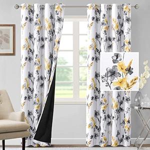 H.VERSAILTEX 100% Blackout Curtains 84 inch Length 2 Panels Set Cattleya Floral Printed Drapes Leah Floral Thermal Curtains for Bedroom with Black Liner Sound Proof Curtains, Grey and Yellow