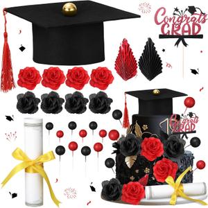 Jingmore Graduation Cake Kit Included Felt Graduation Cap Diploma Classic Black Congrats Grad Cupcake Toppers Beads Leaf Flowers Cake Decorations for Class of 2026 Party(Red and Black)