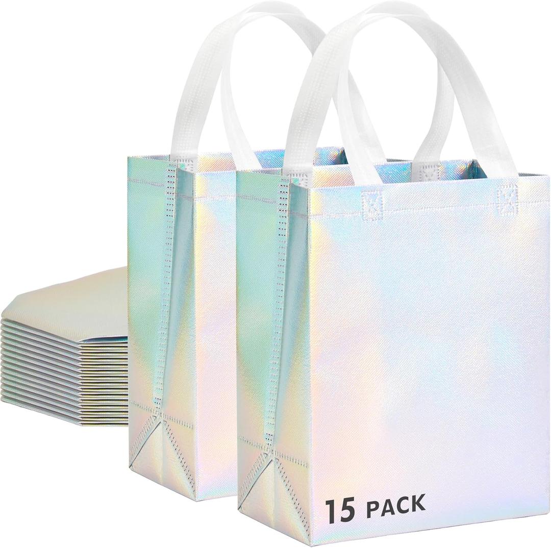 RACETOP 15 Pcs Iridescent Glossy Gift Bags Medium Size, 8x4x10 Inch Holographic Reusable Gift Bags with Handles & Sturdy Base, Ideal for Birthday, Wedding, Bachelorette, Party Favors, Holiday Goodie