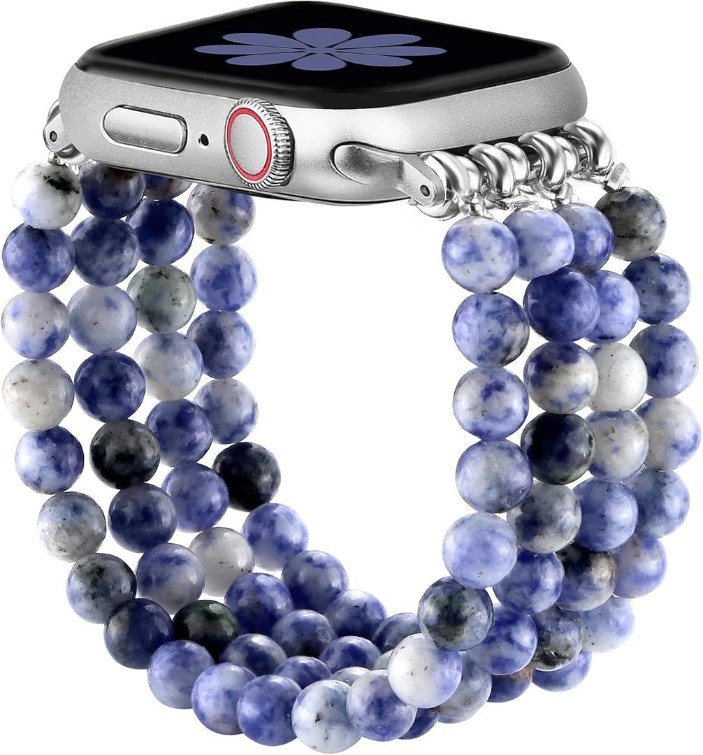 JR.DM Natural Stone Beaded Bracelet Bands Women Compatible with Apple Watch 42mm(S3/2/1) 44mm 45mm 46mm 49mm Comfort Cool Elastic Strap Replacement for iWatch Series 11/10/9/8/SE/7/6/5/4/3/2/1/Ultra