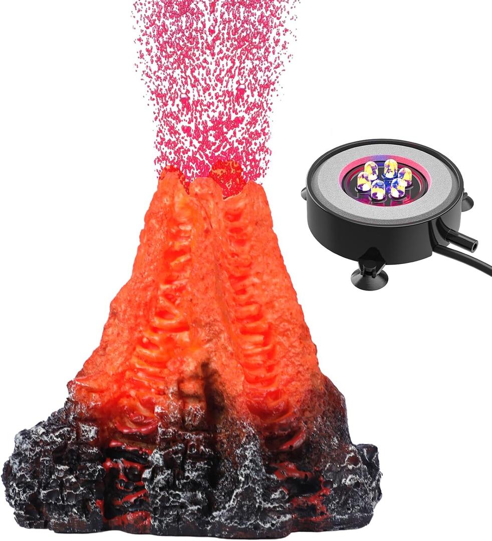 Uniclife Aquarium Volcano Ornament Kit, Colorful LED Light Decor for Fish Tank, Landscape Addition and Oxygenation, Realistic Resin Volcanic Decoration with Air Stone Bubbler
