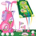 Toddler Golf Set for Boys Girls 1 2 3 4 Years Old, Upgraded Kids Golf Cart with Putting Mat & Cornhole Board, Outdoor Indoor Sports Toys, Pink