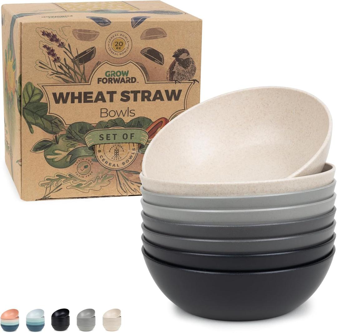 Grow Forward Premium Wheat Straw Bowls - 20oz Microwave Safe Plastic Cereal Bowls Set of 8 for Kitchen, Camping, RV, Dessert, Snack, Soup, Salad, Fruit - Reusable, Unbreakable & BPA Free - Moonlight