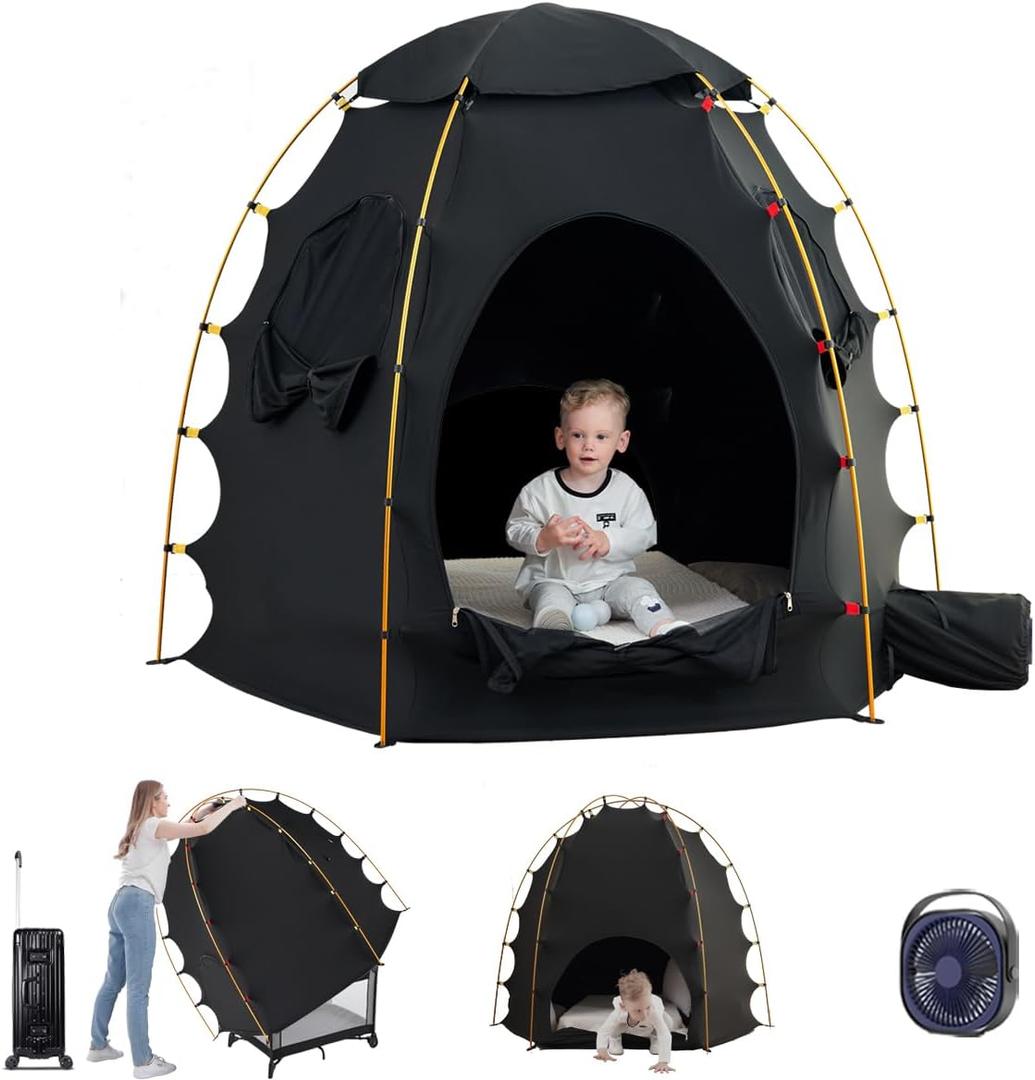 Pack n Play Blackout Cover with 6"" Fan, Blackout Tent, Baby Sleep Pod, Toddler Travel Crib Blackout Cover - Baby Blackout Tent for Pack and Play for Baby's Sound Sleep