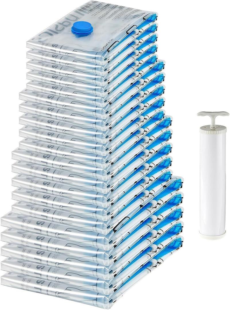 Amazon Basics Vacuum Storage Bags with Hand Pump for Travel, Space Saving Compression Bags for Clothes, Clothing, Blankets and Duvets, Clear, 20 Pack (5 Small, 5 Medium, 5 Large & 5 Jumbo) (Multiple)