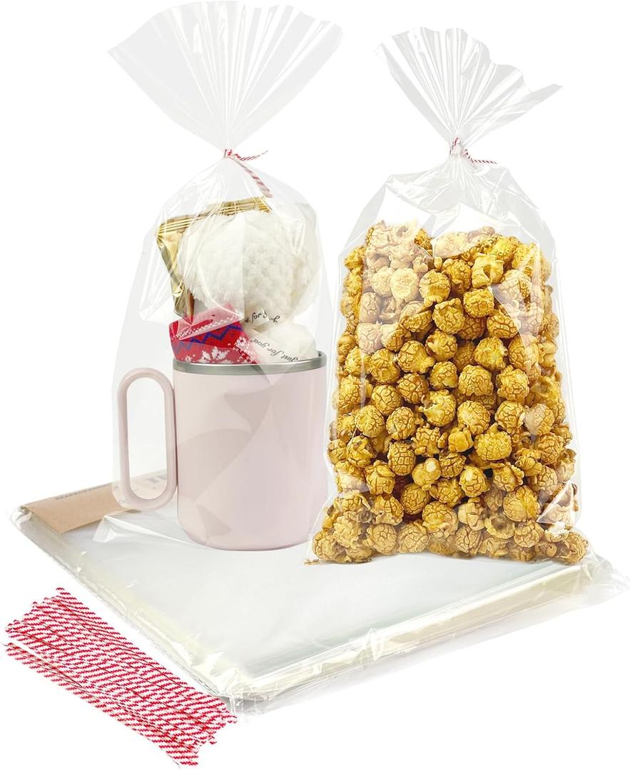 Clear 7x15 Inches 100 Pcs Twist Ties Cellophane Bags Gift Bulk Christmas Treat Bag Party Favor Snack Food Packaging Kids Goodie Cello Wrapping For Cookie (Transparent)