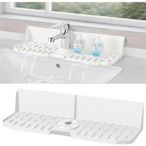 Silicone Kitchen Countertop & Sink Splash Guard, Silicone Sink Faucet Drying Mat, Faucet Mat for Kitchen Sink, 16.9 x 5.5 x 3.9 Splash Guard for Kitchen, Bathroom (Transparent)