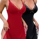 CHICME Women's Lace Trim Side Slit Modal Cami Sleep Dress Loungewear Cute Night Gowns for Women (Medium, 2-pack Red+black)