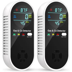 Carbon Monoxide Detectors and Natural Gas Detector, 4-in-1 Upgraded Carbon Monoxide Detectors Plug in, Gas Leak Detector with Dual Alarms, Temperature & Humidity Sensor for Home, RV, Black, 2 Packs