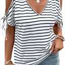 Verdusa Women's Bow Tie Cold Shoulder Striped Graphic Tees Summer Tunic Going Out Tops Small