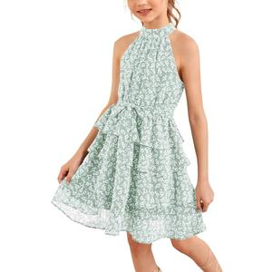 Imily Bela Girls Floral Ruffle Dress Halter Neck Kids Chiffon Summer Party Dress with Belt, 150