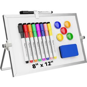 Dry Erase White Board, Cazeyoo Magnetic Desktop Whiteboard 8 x 12inch with Stand, 8 Markers, 4 Magnets and 1 Eraser, Portable Double-Sided White Board for Kids Drawing, Office, Home, School (Metal)