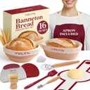 Sourdough Bread Baking Supplies with 2 Banneton Bread Proofing Basket Sizes - 16 Piece Sourdough Starter Kit Including Dough Whisk, Scraper, Lame, Apron for Artisan Bread Making