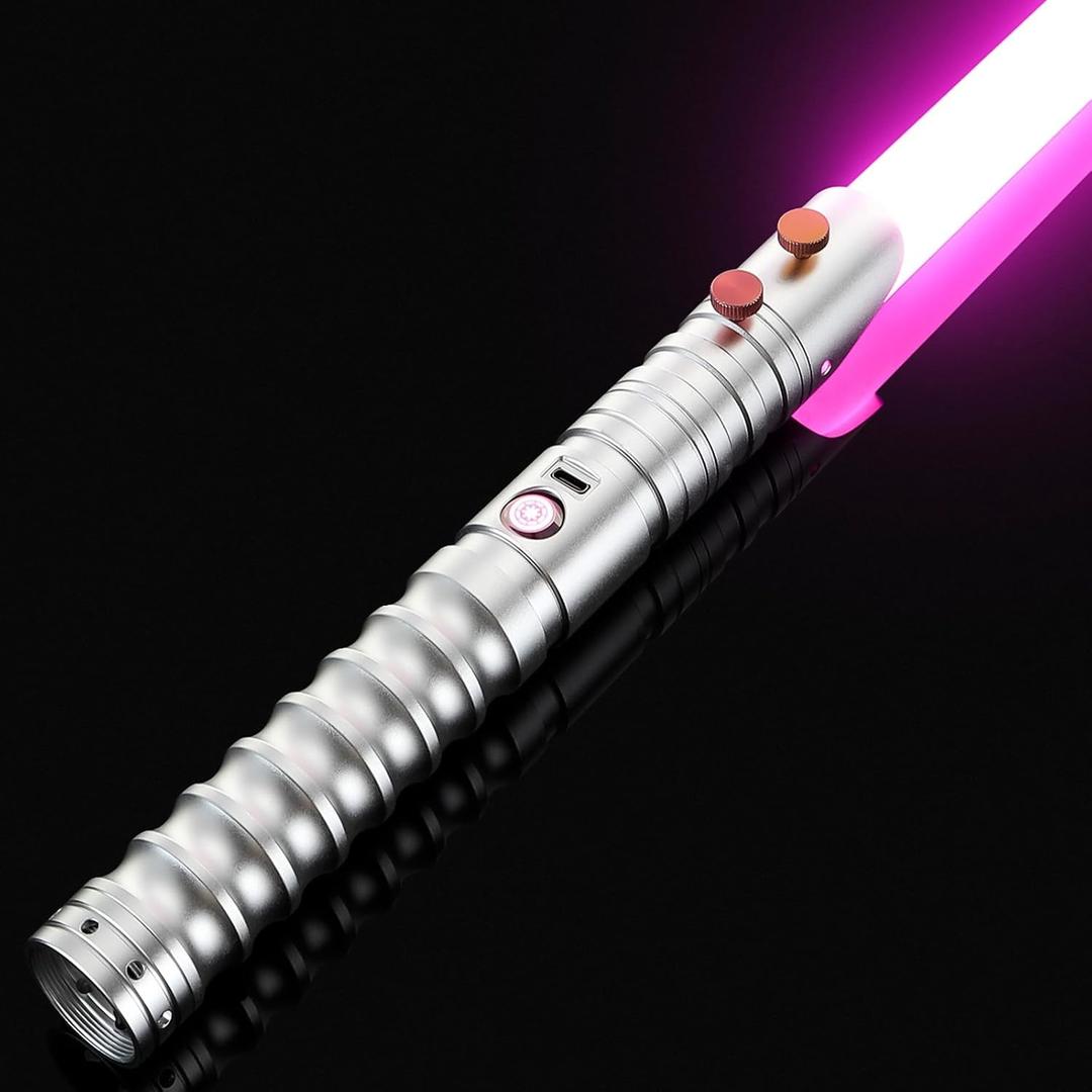 CVCBSER Upgrade App Dueling Lightsaber, Motion Control 34 Sets Sound Effects and 16 Colors Changeable, Smooth Swing Metal Light Saber for Adults (Silver-pixel)