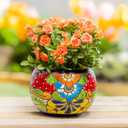 Evergreen 7 inch Talavera Mexican Pottery Ceramic Green Detailed Baul, Set of 2, Flower Pot Plant Succulent, Indoor Outdoor