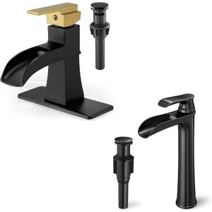 Bathroom Waterfall Faucet, Brass Bathroom Faucet Single Handle, 4 Inch Bathroom Sink Faucet 1 Hole, Bathroom Faucets with Pop-Up Drain for RV Farmhouse, Black Gold &Oil Rubbed Bronze