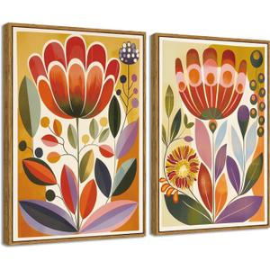 Framed 2pcs Scandinavian Folk Wall Art Nodic Flower Orange Canvas Boho Wall Decor Swedish Antique Vintage Floral Prints Modern Norwegian Posters Pictures for Living Room Bedroom Home Decor 24"x16"x2