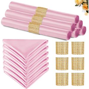 100 Pack Pink Satin Napkins and Napkin Rings Set, 12 x 12 Inch Silky Soft Cloth Napkins Set of 50, Square Satin Dinner Table Napkins Bulk for Wedding Banquet Graduation Party Decoration