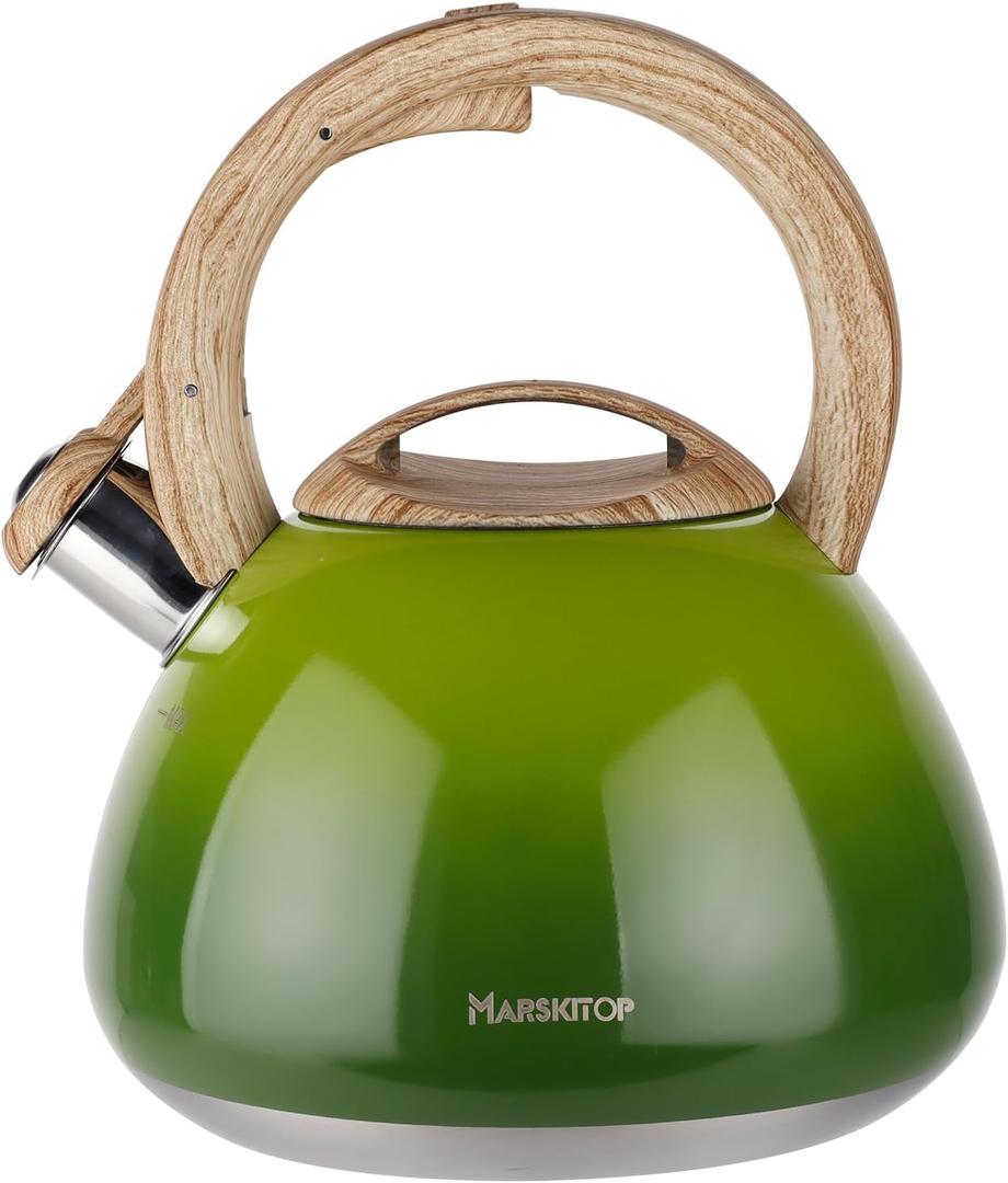 MARSKITOP Whistling Tea Kettle for Stove Top, 2.6 Quart Teapot for Stovetop, Stainless Steel Tea Pot for Stove with Wood Pattern Handle, Light Green
