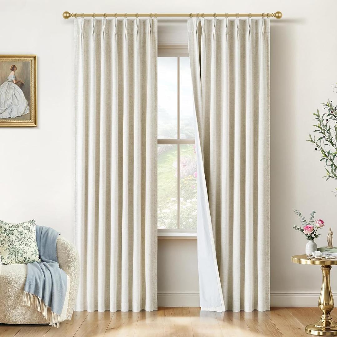 INOVADAY Pinch Pleated Curtains Blackout 90 Inches Long - Linen Blackout Curtains for Living Room Bedroom 2 Panels Set, Luxury Thermal Insulated Drapes for Dining Room, 40" Wx90 L, Natural