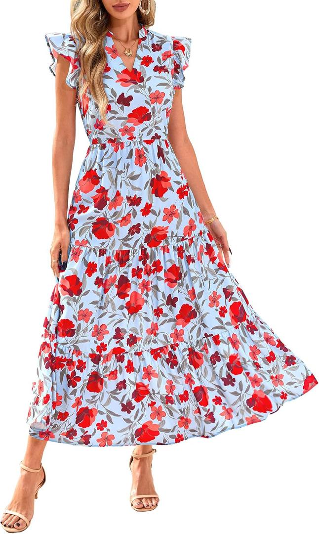 PRETTYGARDEN Women's 2026 Summer Floral Midi Dress Cap Sleeve V Neck Ruffle Long Flowy Boho Casual Beach Vacation Dresses (Blue, M)